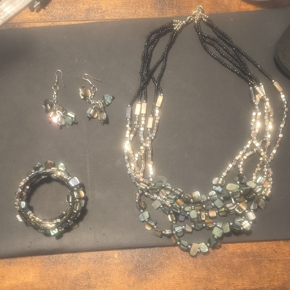 Black and Silver Layered Necklace, Bracelet, Earrings with Dramatic Design